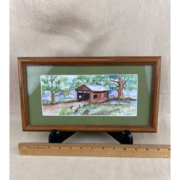 Original Covered Bridge Watercolor Oak Framed Matted Signed - Picture 6 of 7